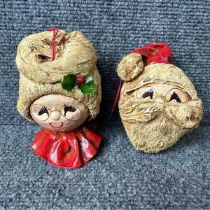 Vintage 1950s paper mache ornaments Santa and Mrs Claus spun hair heads only 3x4